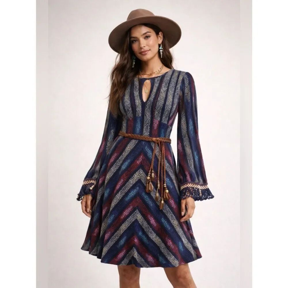 Free People Long-Sleeve Chevron Dress in Blue, Red, Purple, Black, Cream